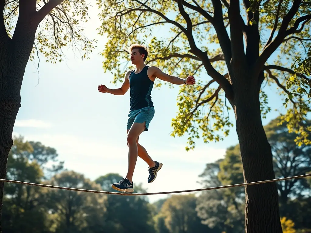 A person confidently walking a tightrope, symbolizing overcoming challenges and building resilience, reflecting Janice's approach to helping clients untether from limiting beliefs.