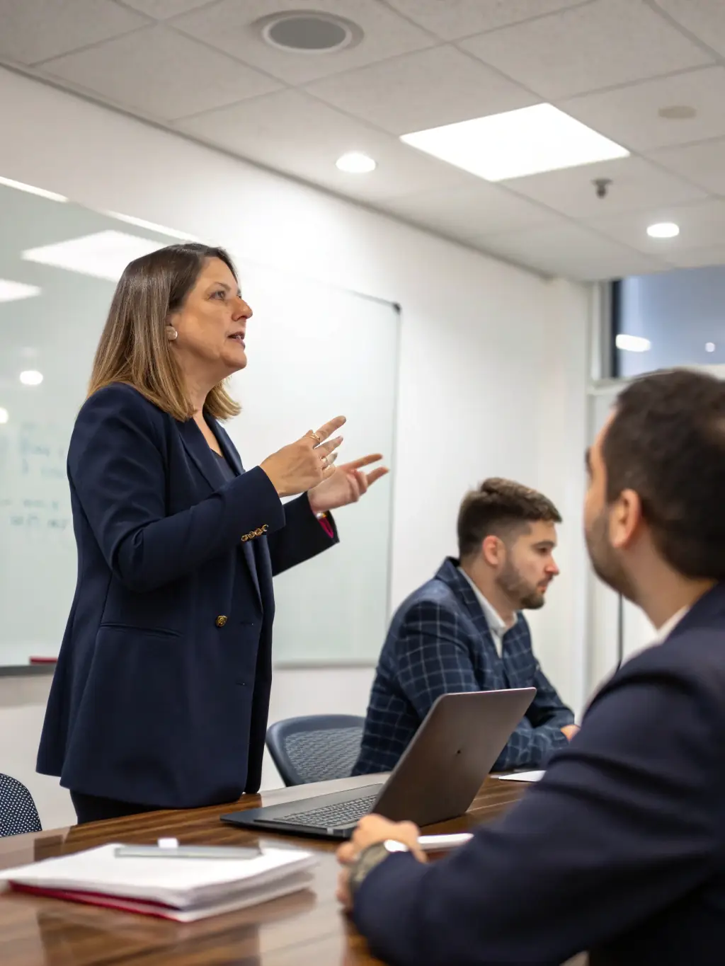 A person clearly communicating their ideas in a meeting, showcasing improved communication skills.